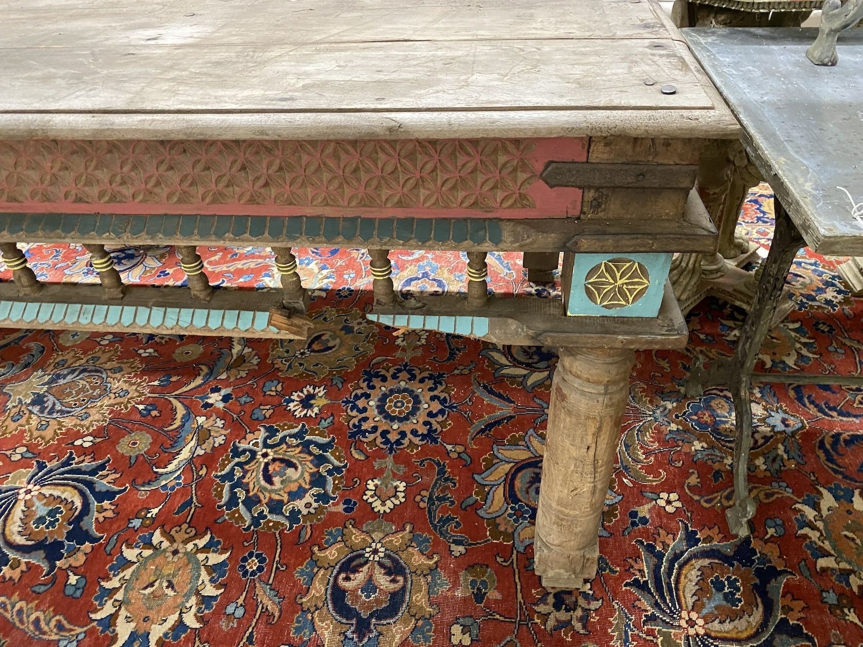 An Indonesian part painted rectangular hardwood serving table, length 184cm, depth 108cm, height 82cm